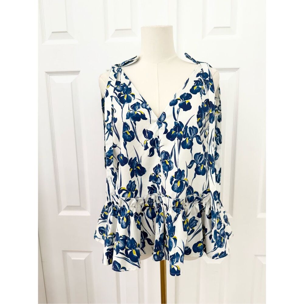 Jason Wu Shoulder Tie White Blue Iris Floral Cotton Poplin Peplum Top Size 4 NWT